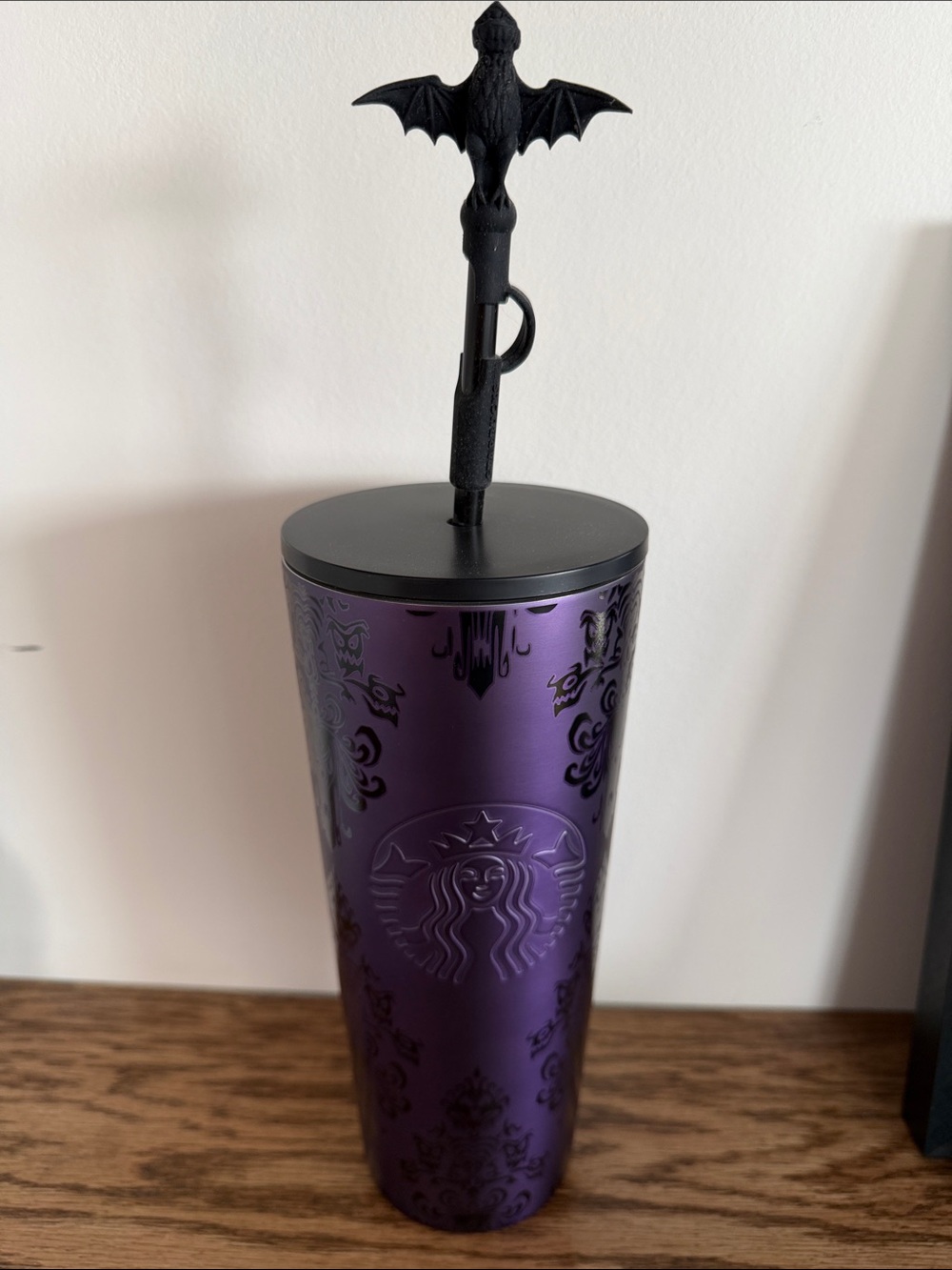 Starbucks Purple Tumbler with Black Bat Stir Stick